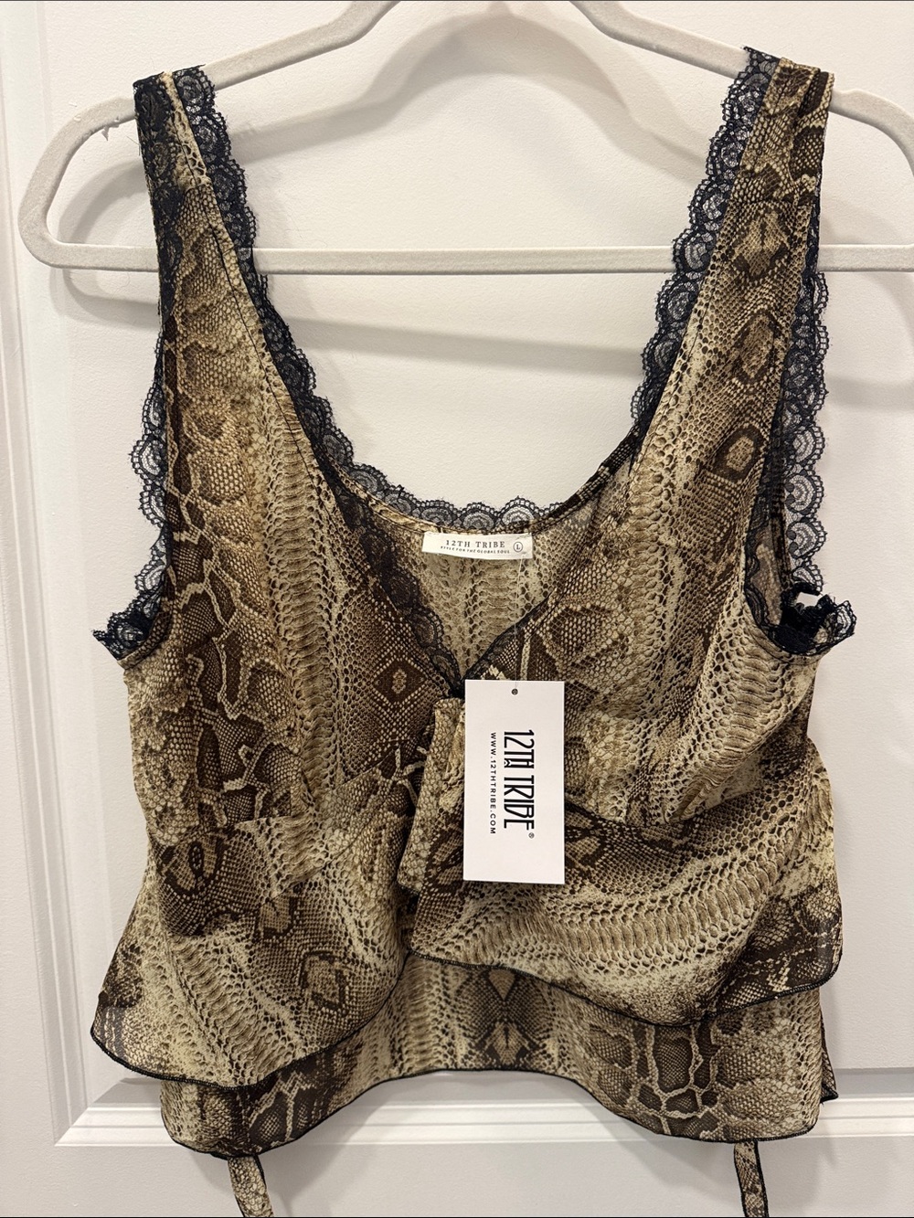 12th Tribe Brown Snake-Print Camisole with Black Lace Trim